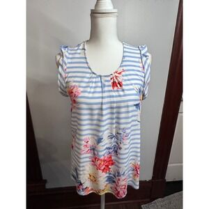 Joules Alyse Floral Stripe Sleeveless Blouse Blue White Ruffle Top US 6